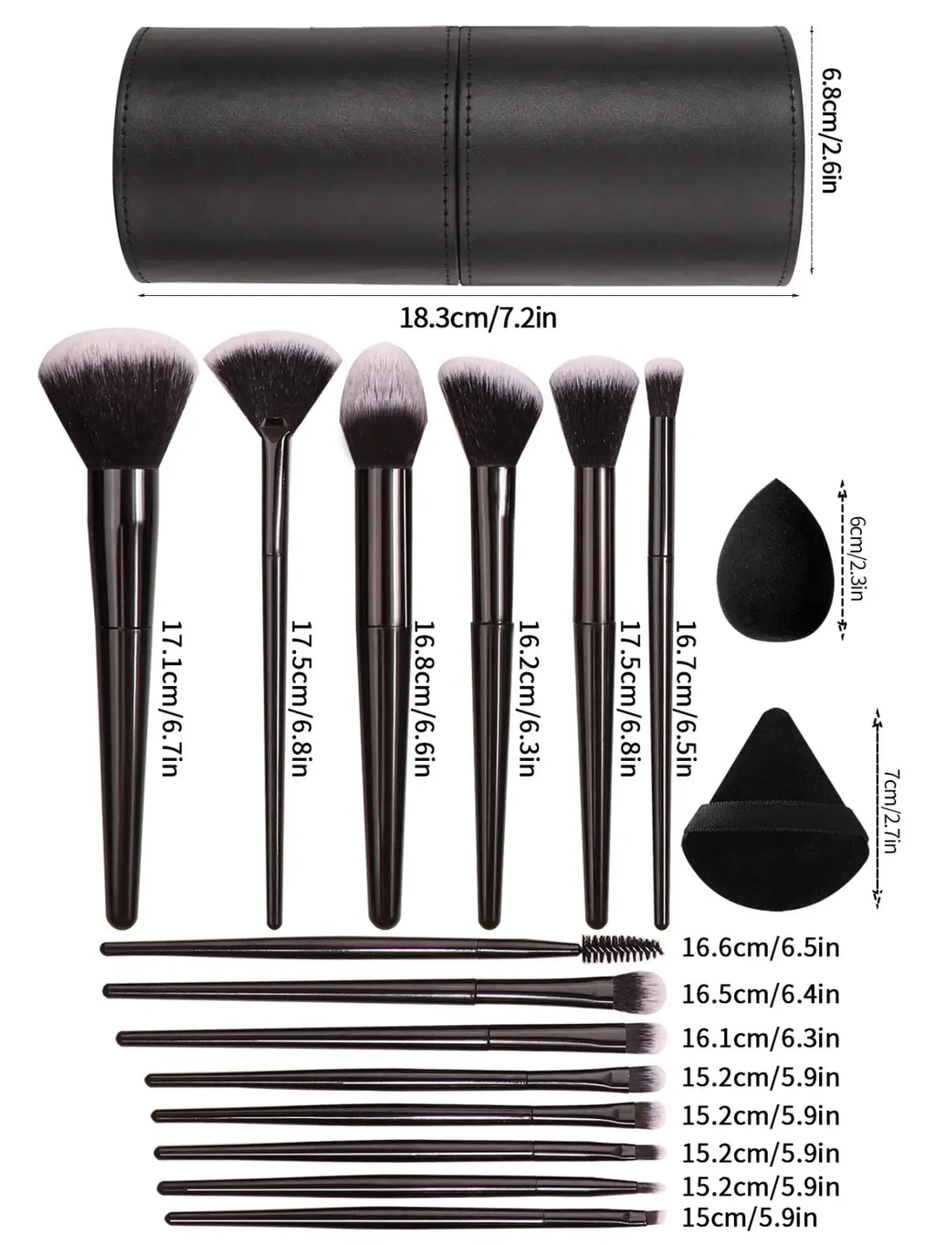 Black cylindrical makeup brush set with various sizes and sponge applicator neatly arranged with matching case