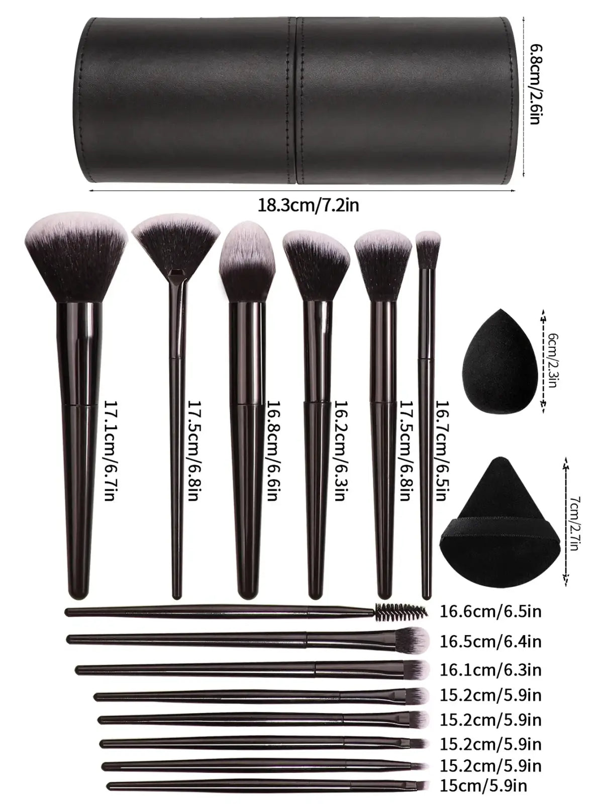 Black cylindrical makeup brush set with various sizes and sponge applicator neatly arranged with matching case