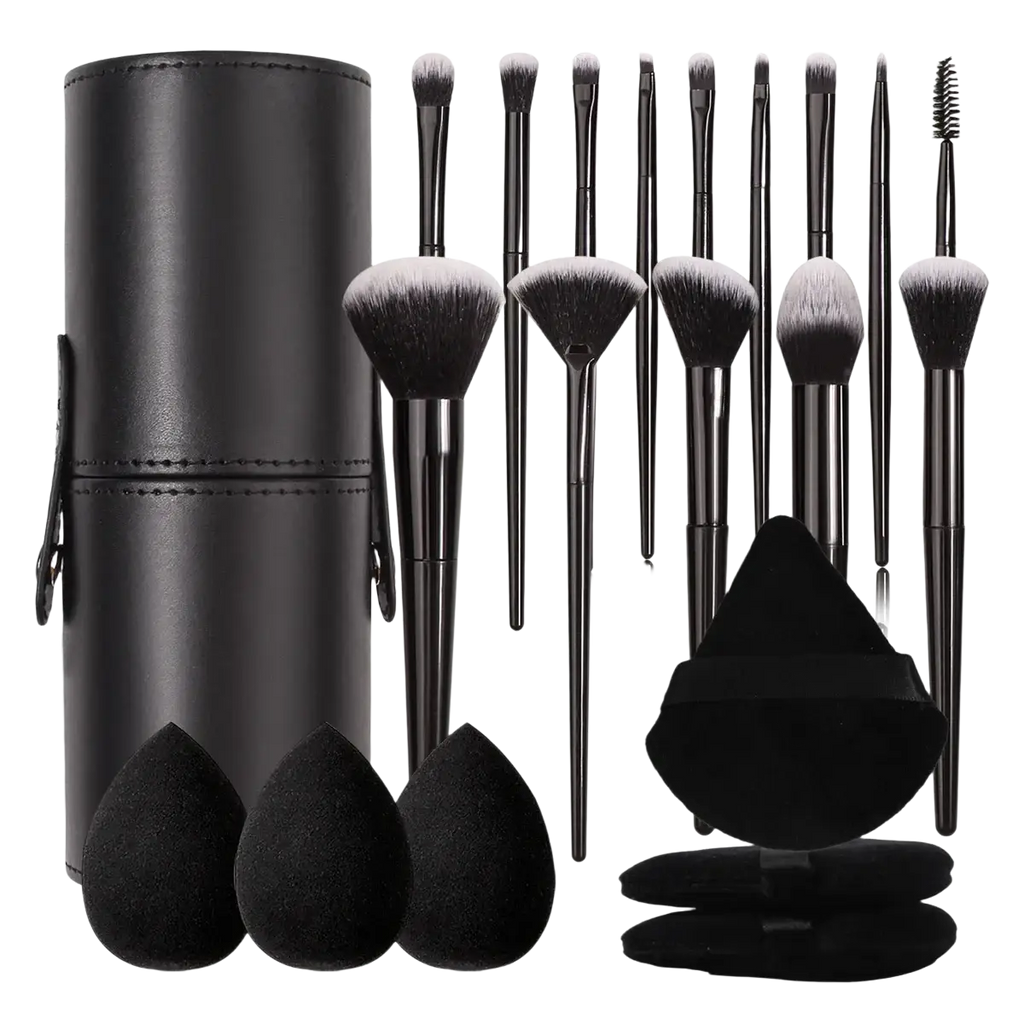 Black cylindrical leather makeup brush set with holder and zipper case containing brushes and sponge applicators