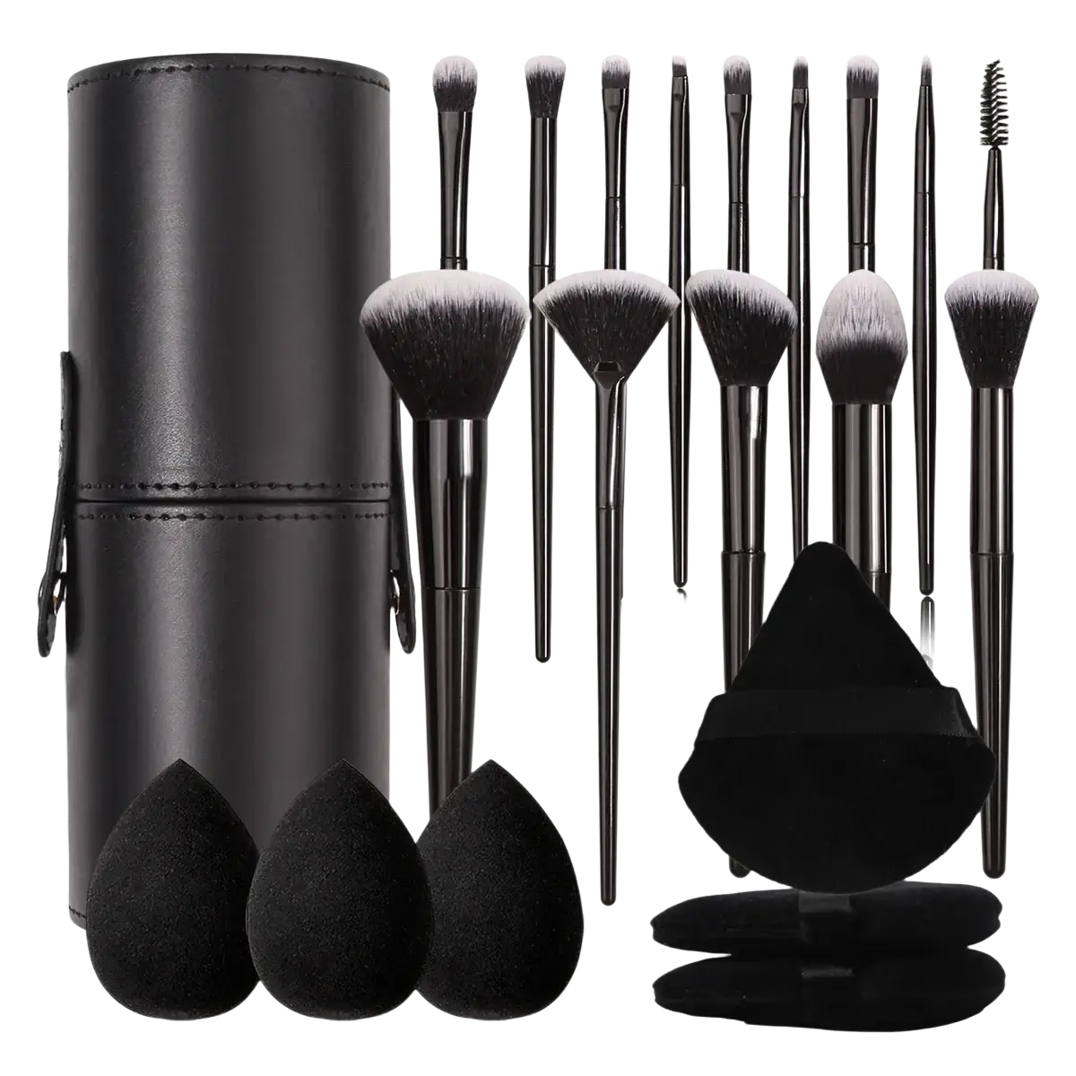 Black cylindrical leather makeup brush set with holder and zipper case containing brushes and sponge applicators