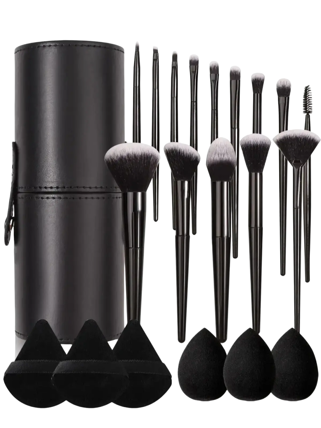 Black cylindrical leather makeup brush set with 21 soft bristle brushes and three teardrop sponge applicators with case
