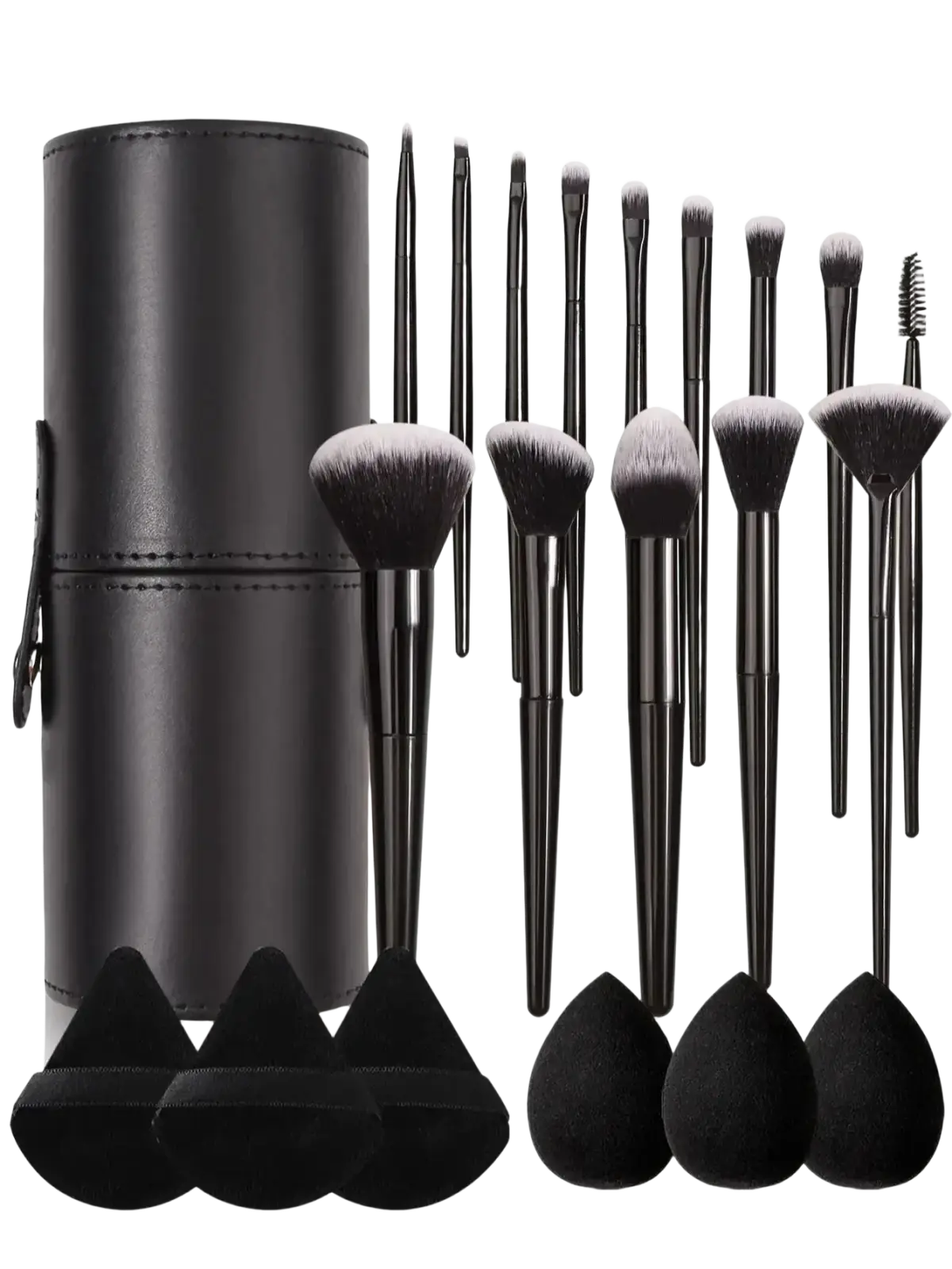 Black cylindrical leather makeup brush set with 21 soft bristle brushes and three teardrop sponge applicators with case