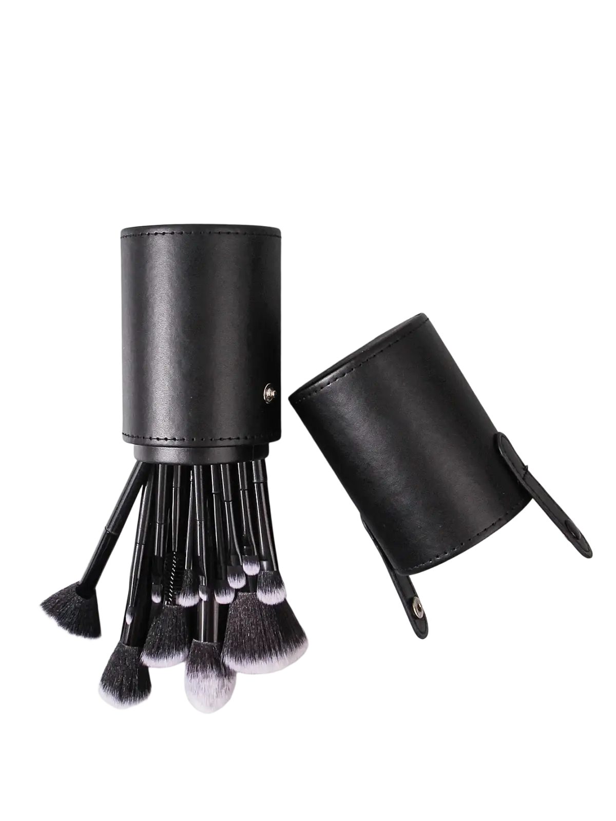 Black leather makeup brush set with multiple sizes neatly organized in a cylindrical holder and case