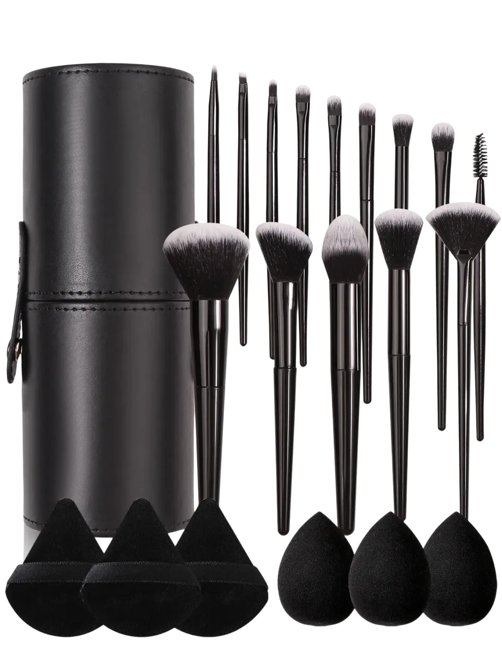 Black leather cylindrical case holding 21-piece makeup brush set with soft bristles and matching black sponge applicators