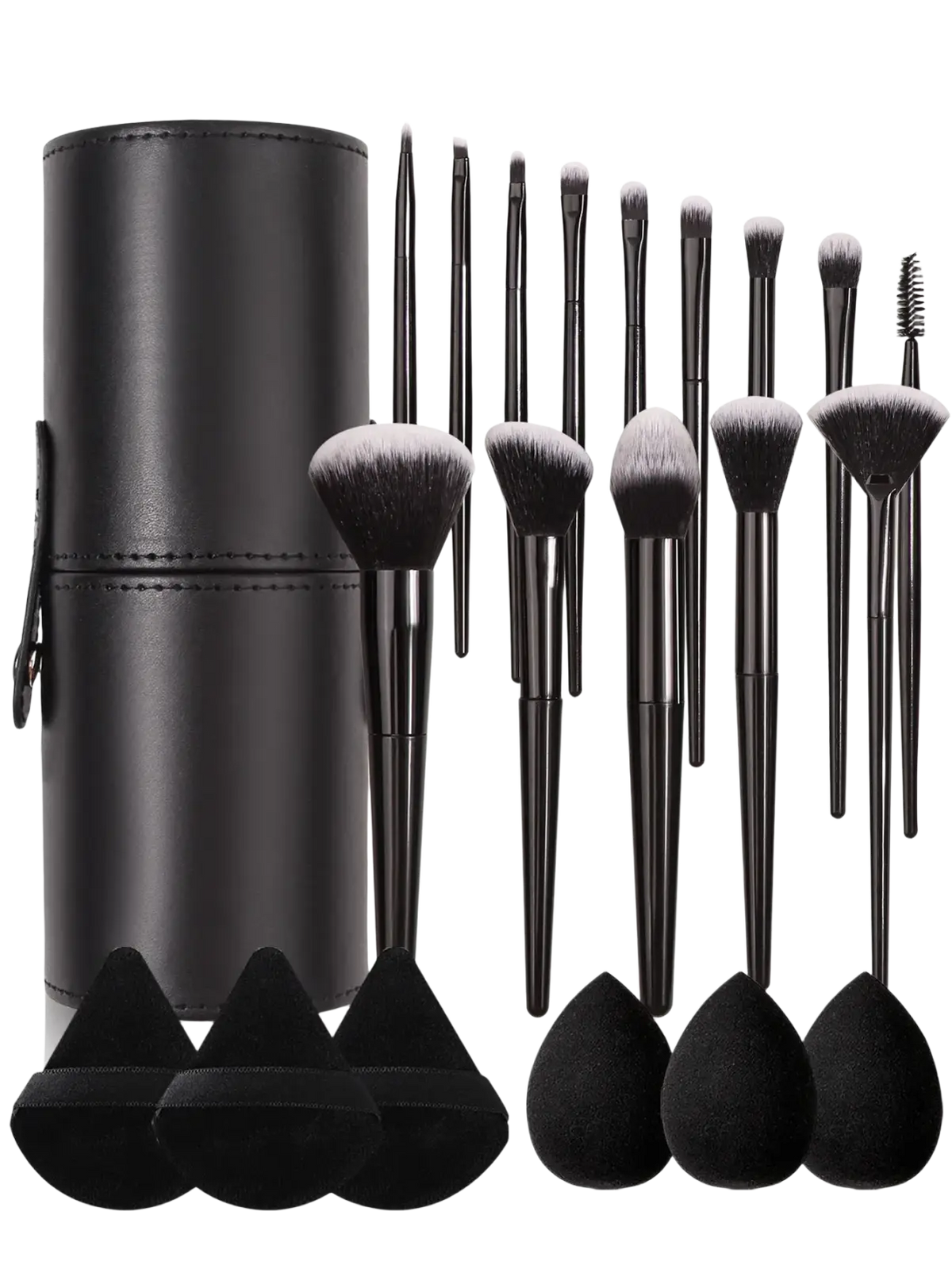 Black leather cylindrical case holding 21-piece makeup brush set with soft bristles and matching black sponge applicators