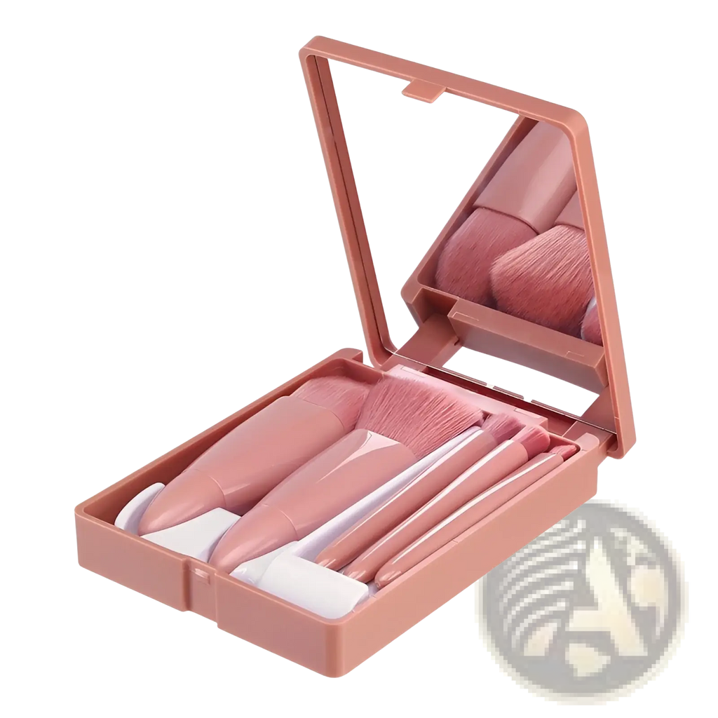 Compact pink makeup brush set with five pieces and built-in mirror for portable use