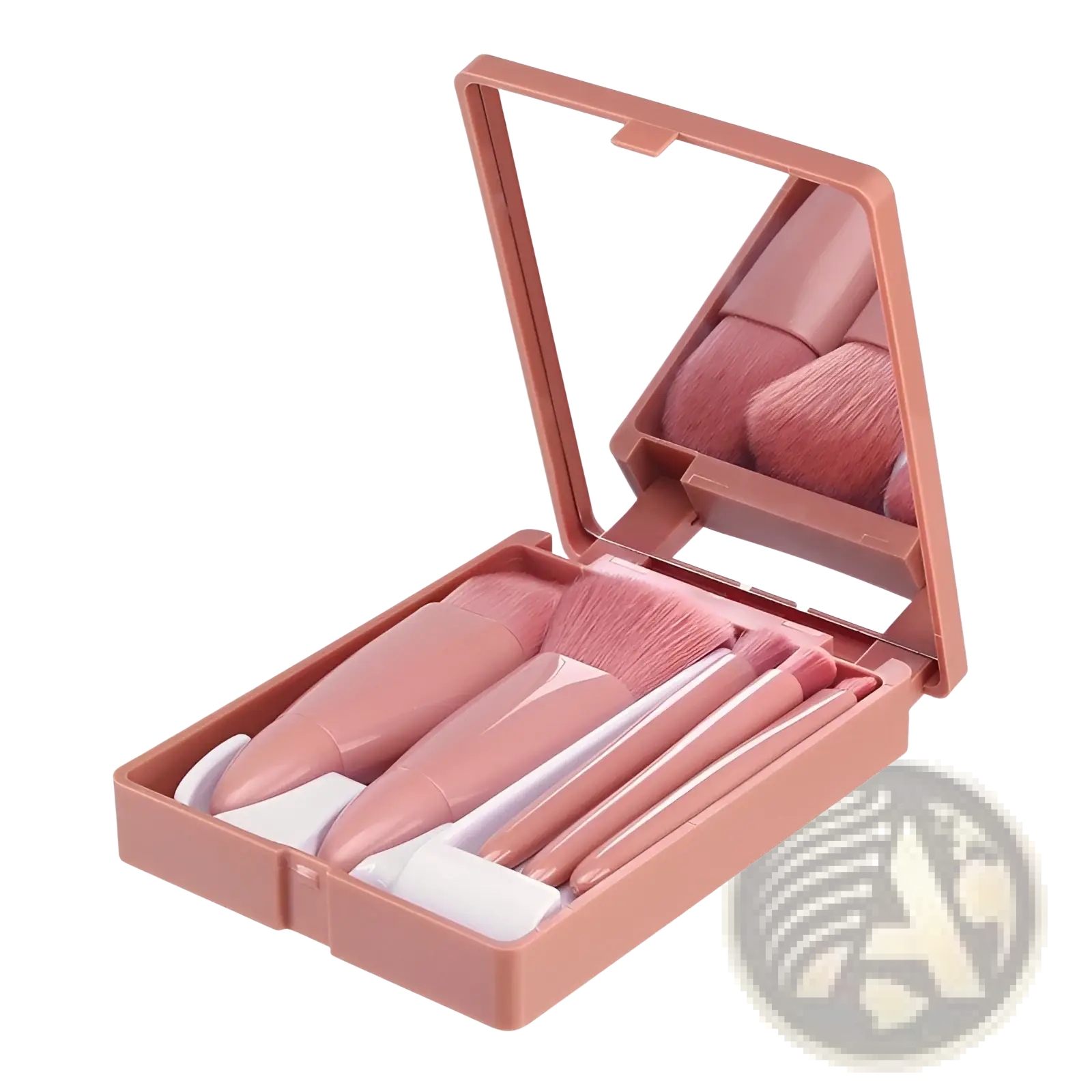 Compact pink makeup brush set with five pieces and built-in mirror for portable use