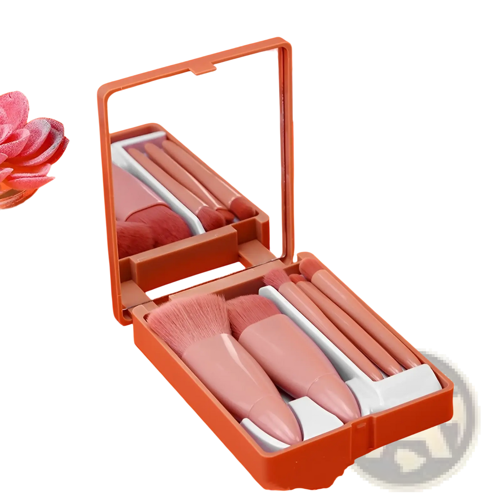 Makeup brush set with mirror featuring five pink brushes in a compact portable case for easy travel use