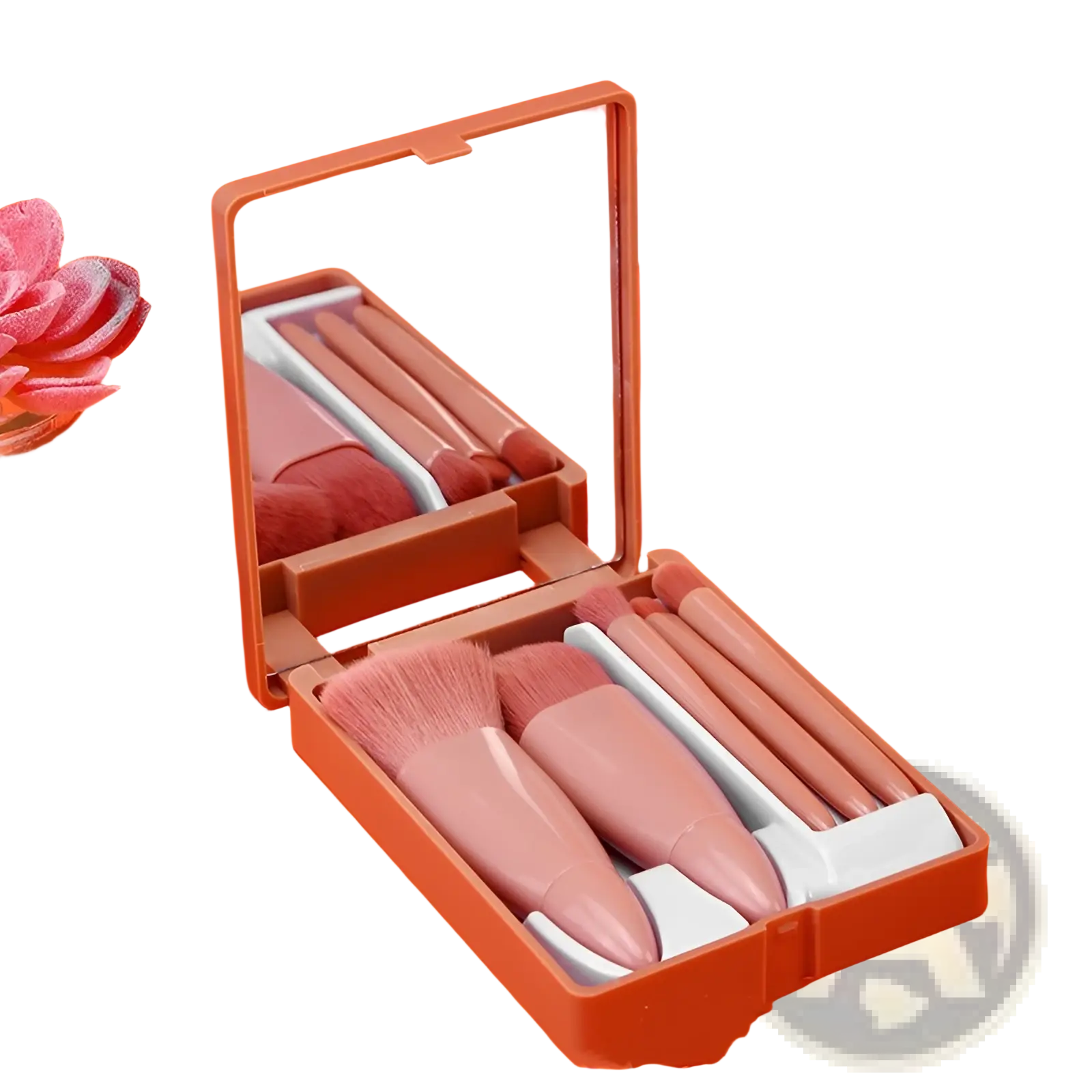 Makeup brush set with mirror featuring five pink brushes in a compact portable case for easy travel use