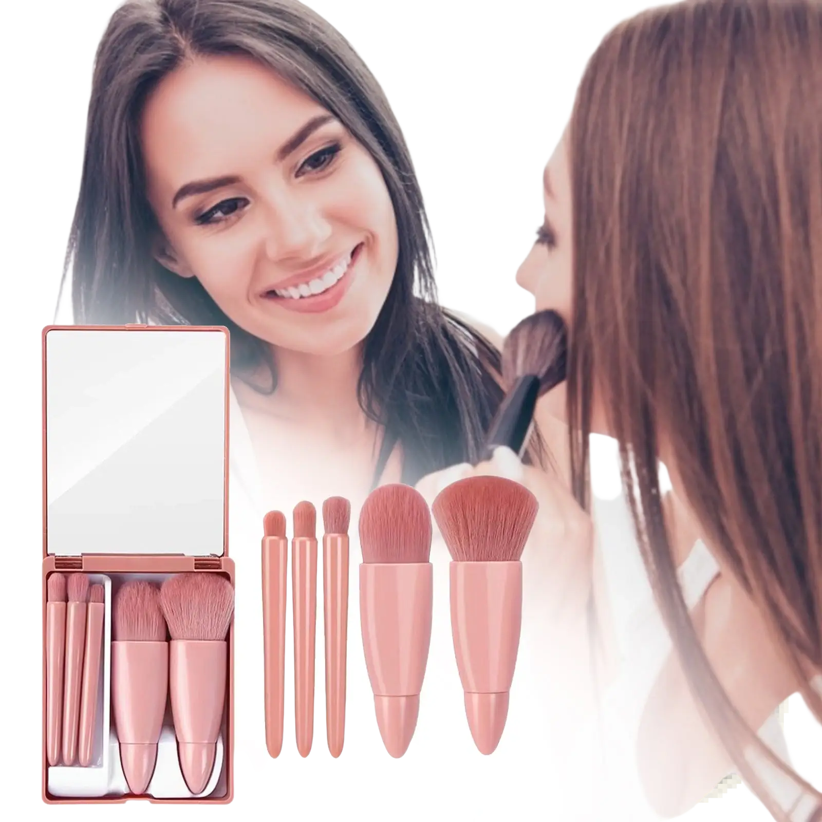 Makeup brush set with mirror featuring five rose gold brushes and a compact mirror for professional application