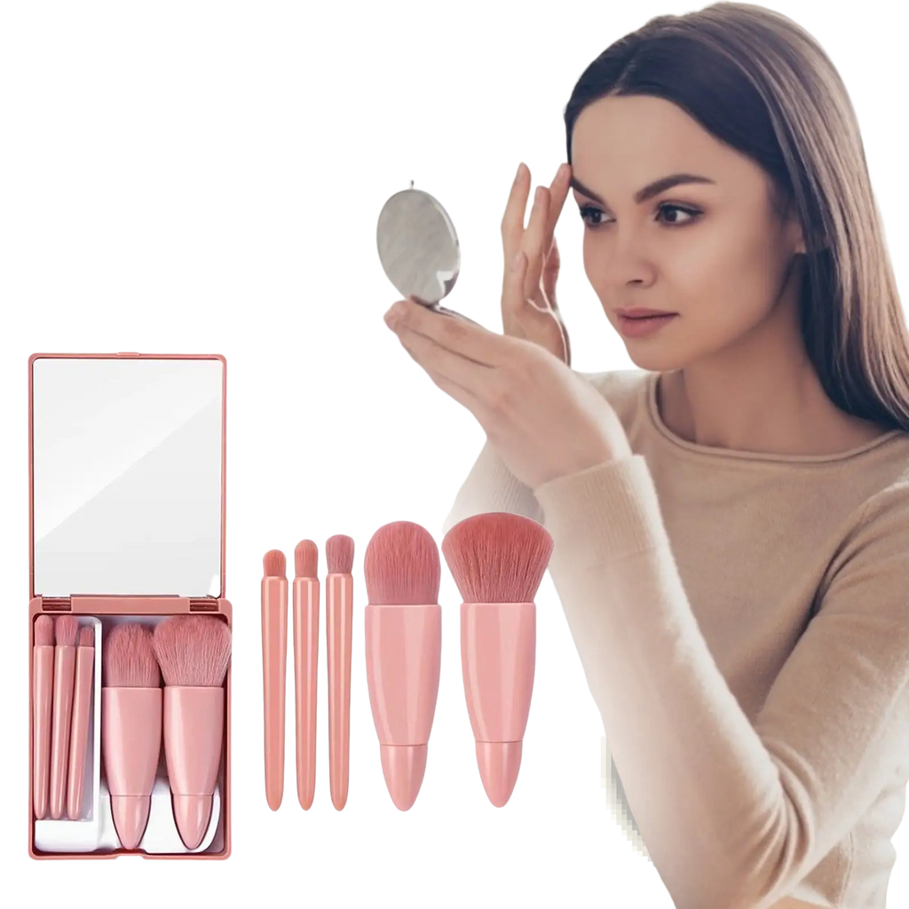 Pink rose gold makeup brush set with five pieces and compact mirror portable kit for travel and daily use