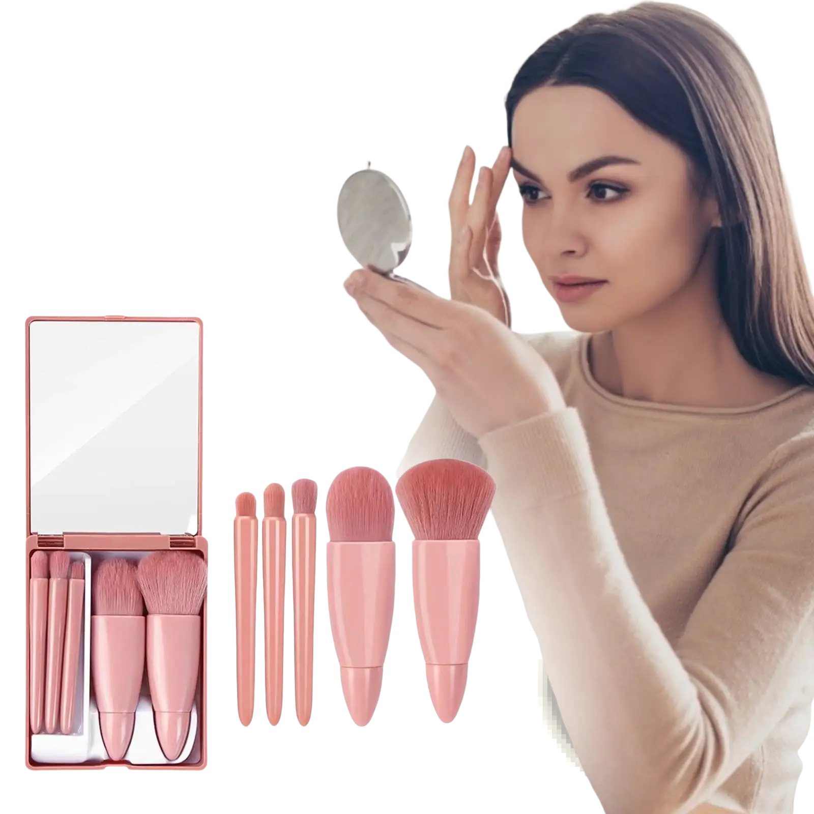 Pink rose gold makeup brush set with five pieces and compact mirror portable kit for travel and daily use