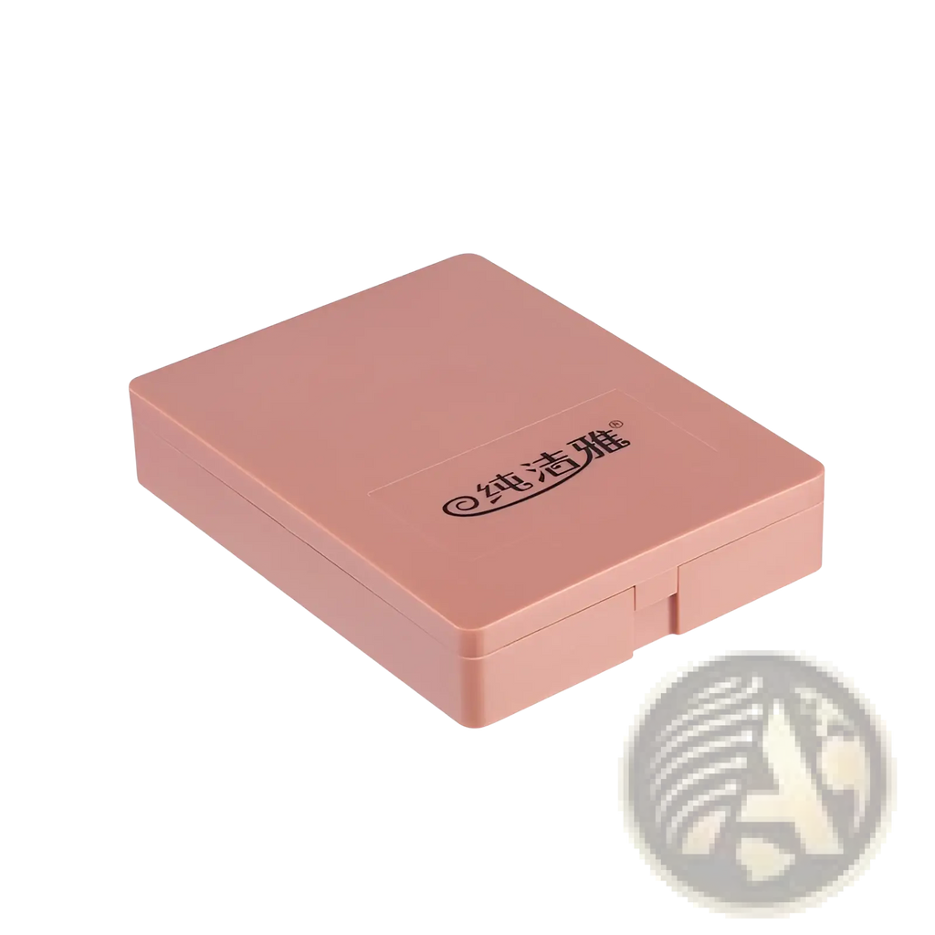 A sleek rose gold rectangular compact case with embossed branding for a portable 5 piece makeup brush set with mirror