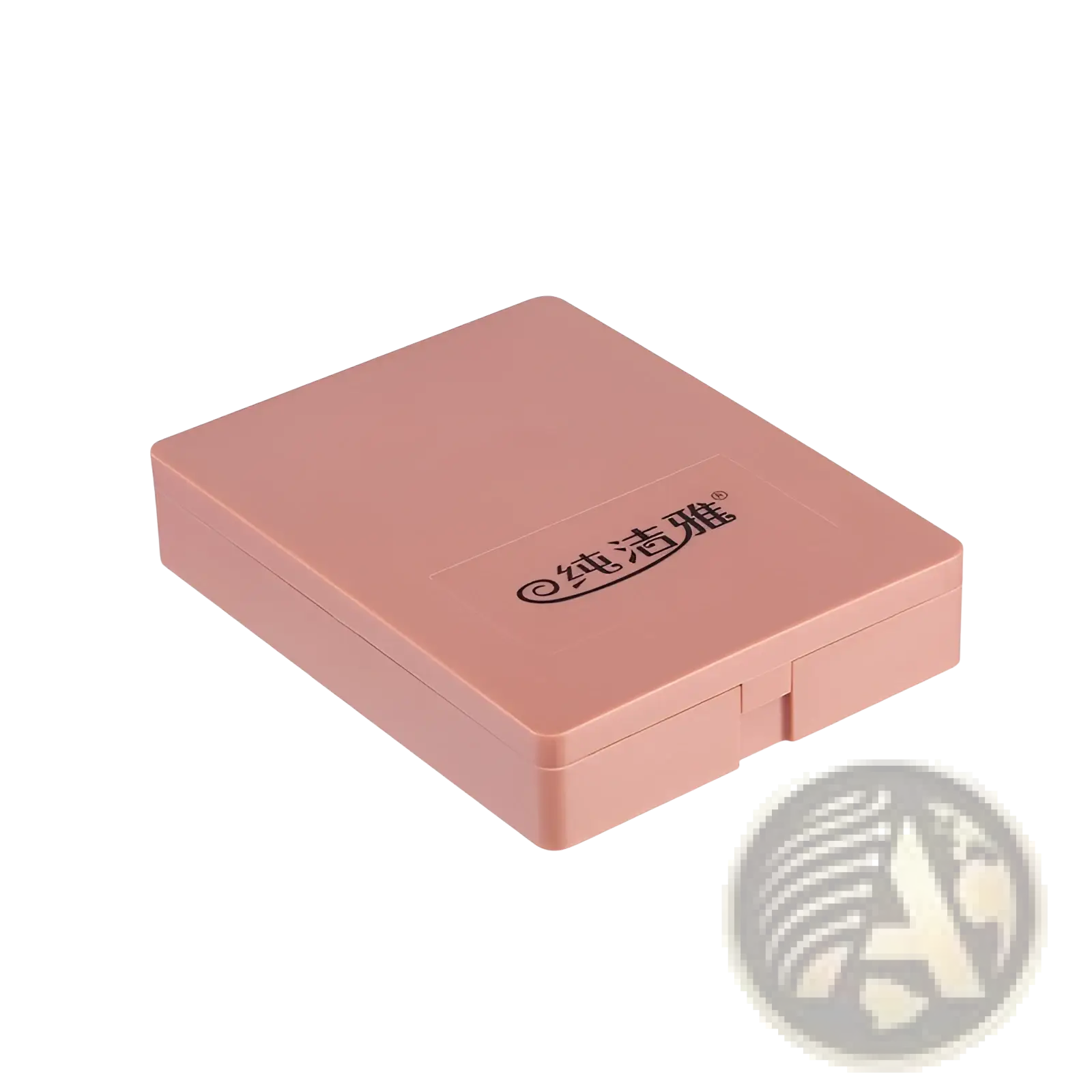 A sleek rose gold rectangular compact case with embossed branding for a portable 5 piece makeup brush set with mirror
