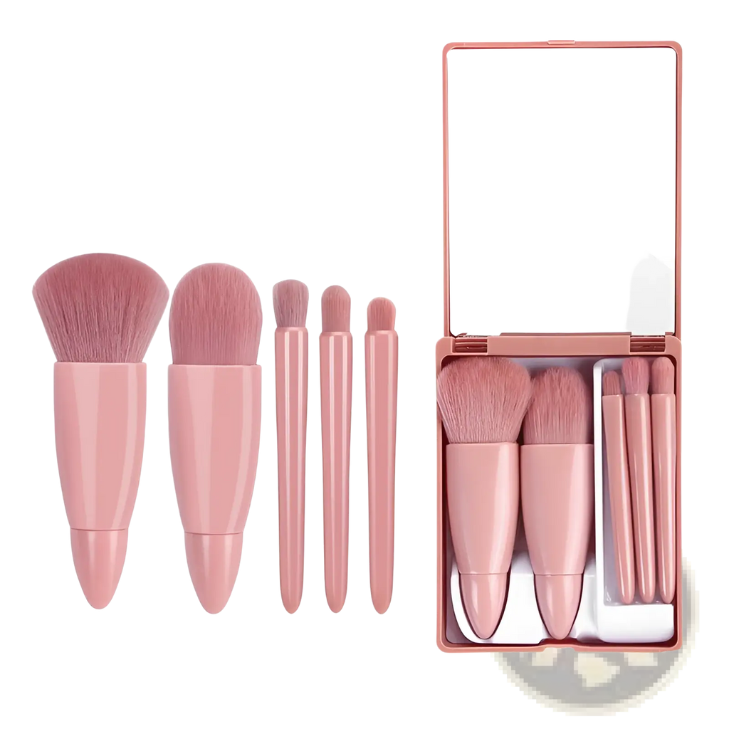 Makeup brush set with mirror 5 piece portable pink kit featuring pink brushes and matching rose gold compact mirror