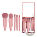 Makeup brush set with mirror 5 piece portable pink kit featuring pink brushes and matching rose gold compact mirror
