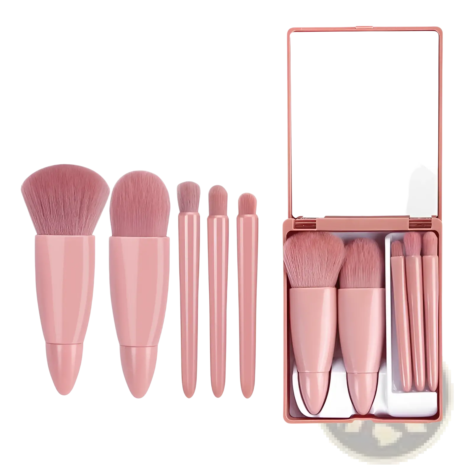 Makeup brush set with mirror 5 piece portable pink kit featuring pink brushes and matching rose gold compact mirror