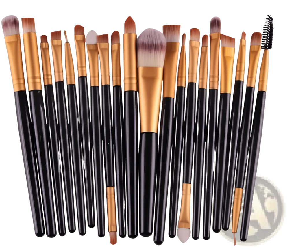 Set of 20 professional makeup brushes with black and gold handles featuring various brush heads for cosmetic use