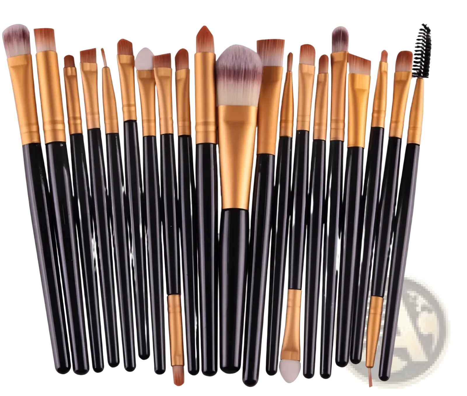 Set of 20 professional makeup brushes with black and gold handles featuring various brush heads for cosmetic use