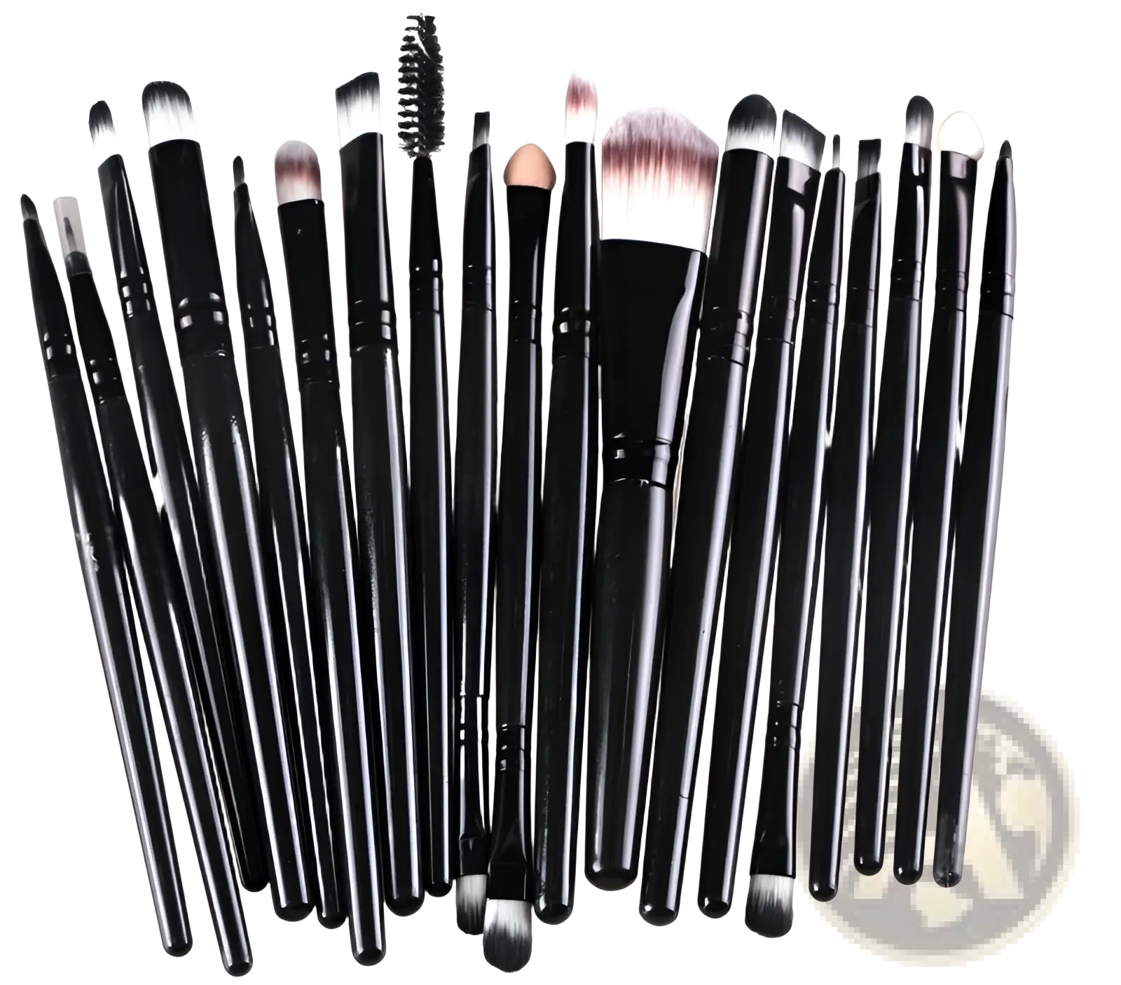 Set of 15 professional makeup brushes with black handles and assorted white-tipped and natural-toned bristles