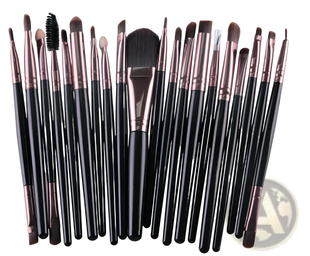Professional 20pc makeup brush set with black handles and rose gold ferrules for various cosmetic applications