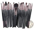Professional 20pc makeup brush set with black handles and rose gold ferrules for various cosmetic applications