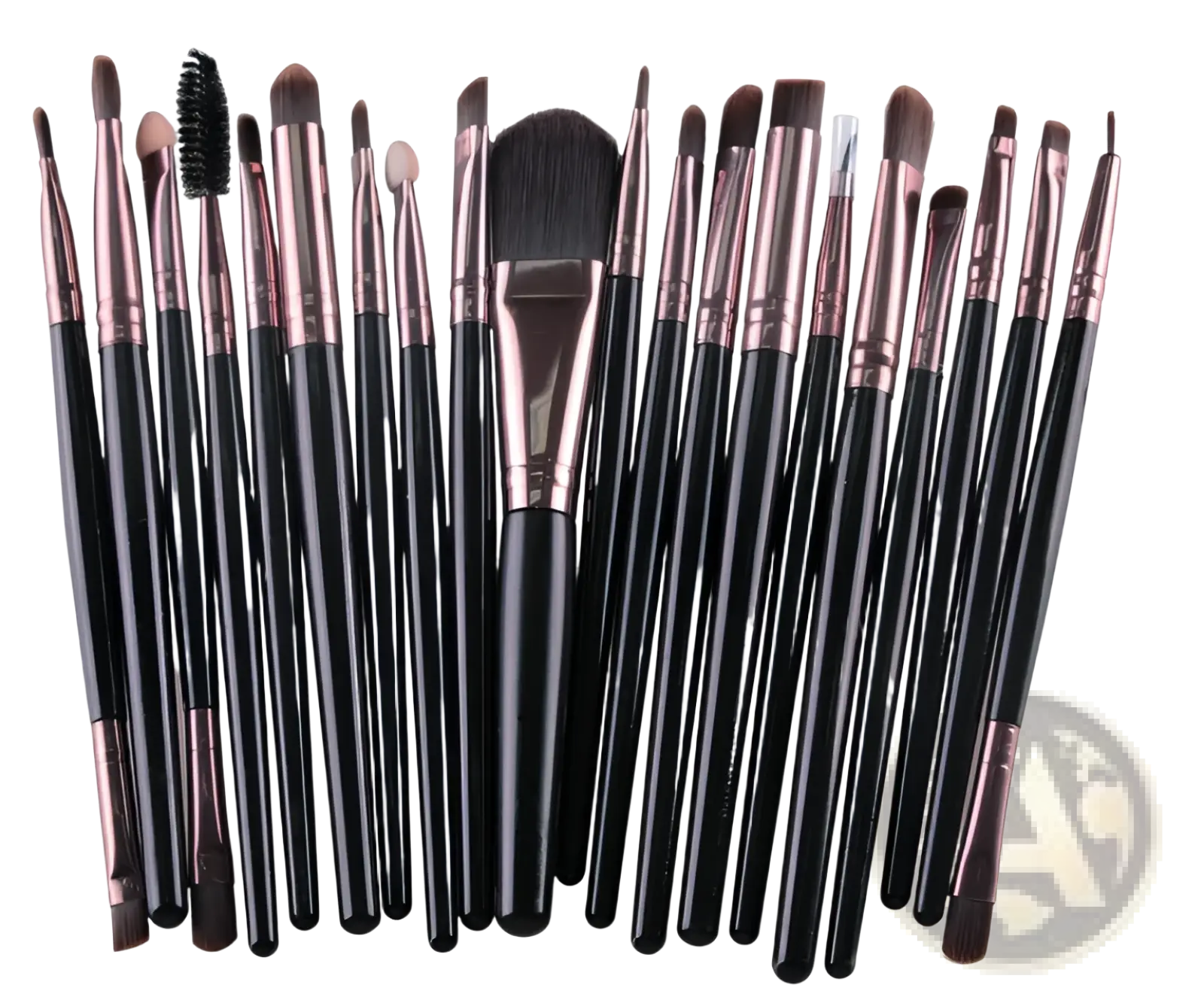 Professional 20pc makeup brush set with black handles and rose gold ferrules for various cosmetic applications