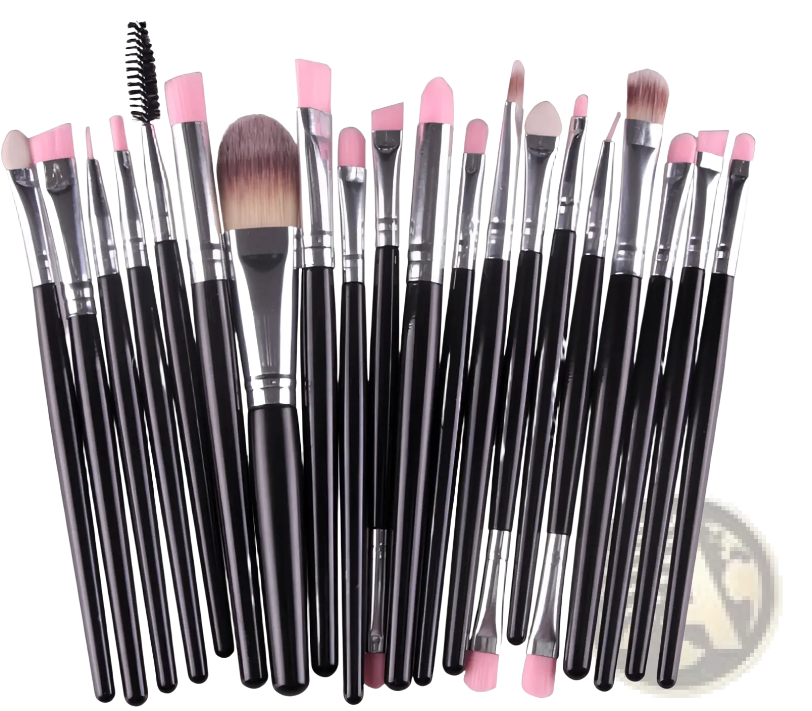 Set of 20 professional makeup brushes with black handles, pink-tipped bristles, and silver ferrules for cosmetic use