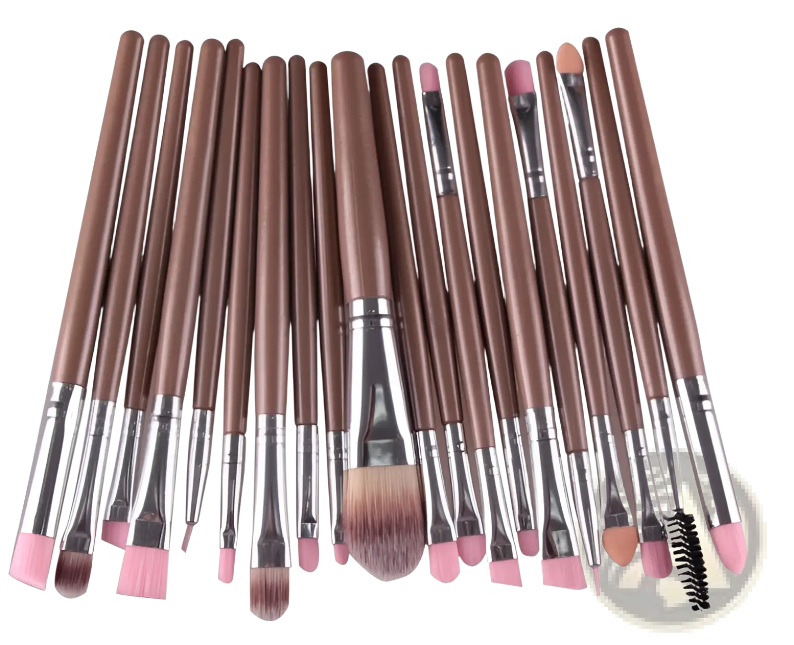 Set of 20 professional makeup brushes with rose gold handles and pink-tipped bristles for cosmetic application