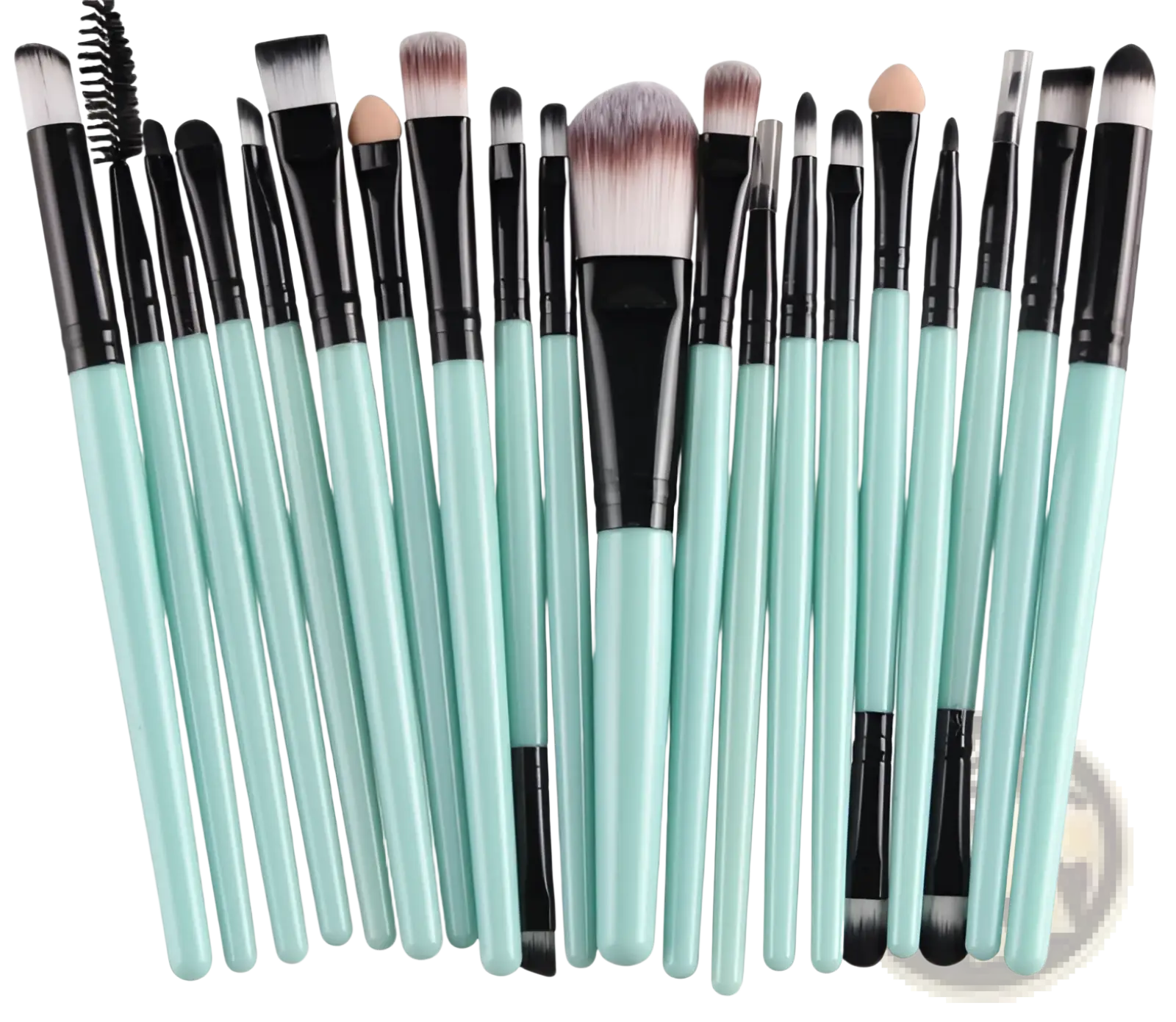 Set of 20 professional mint green and black makeup brushes with assorted bristle types for cosmetic application