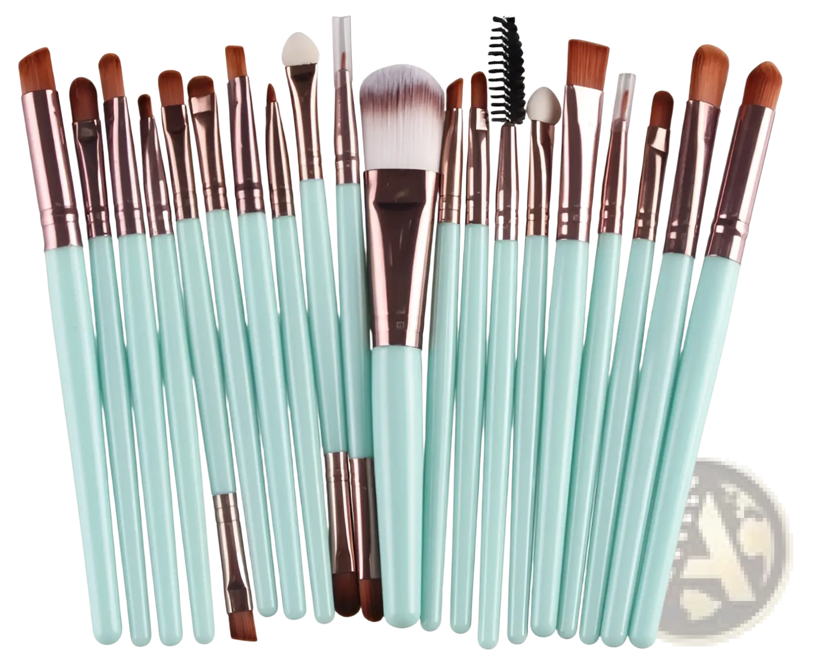 Set of 20 professional mint green and rose gold makeup brushes with various heads for cosmetic application
