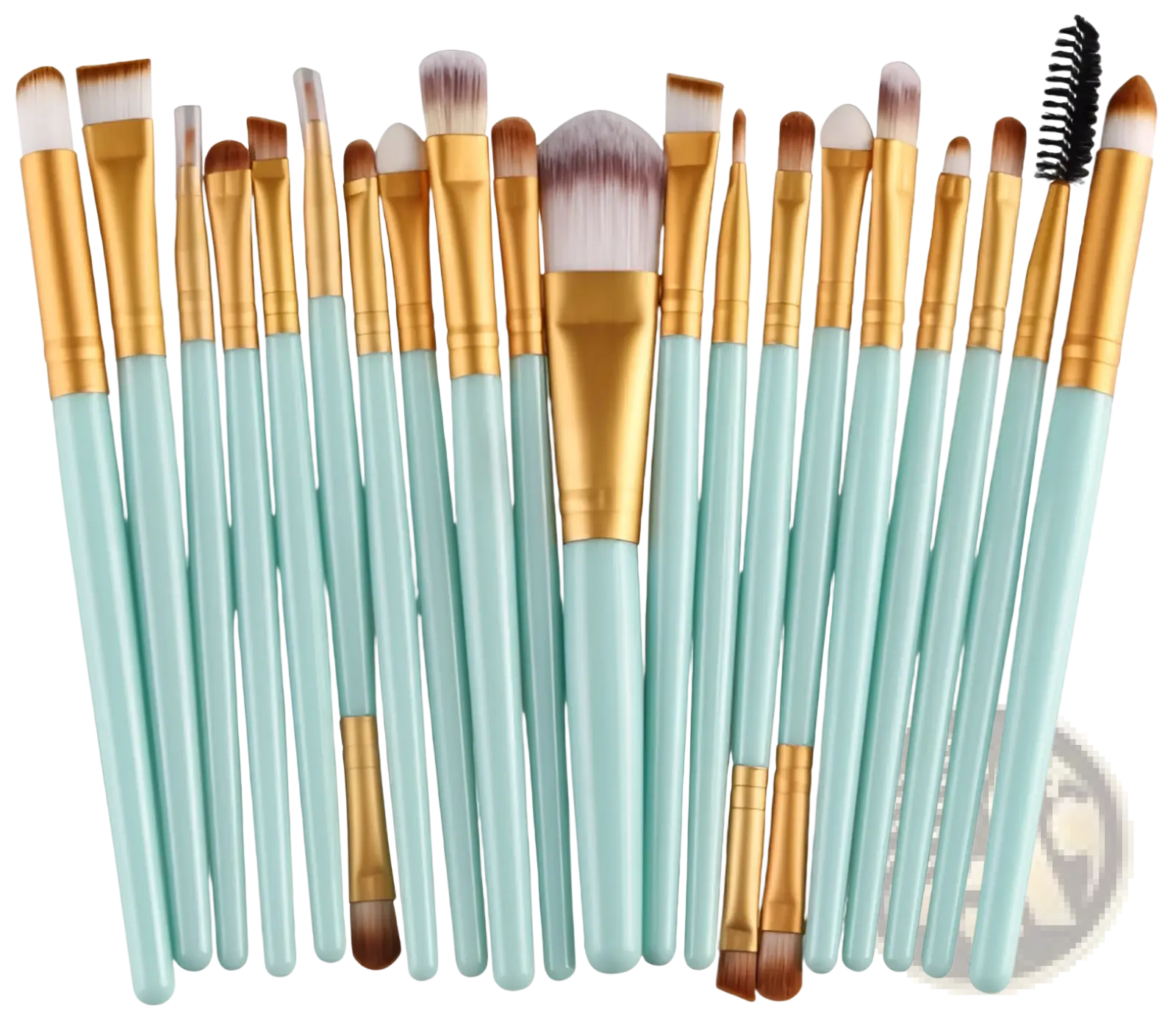 Set of 20 professional makeup brushes with mint green handles and gold ferrules for various cosmetic applications
