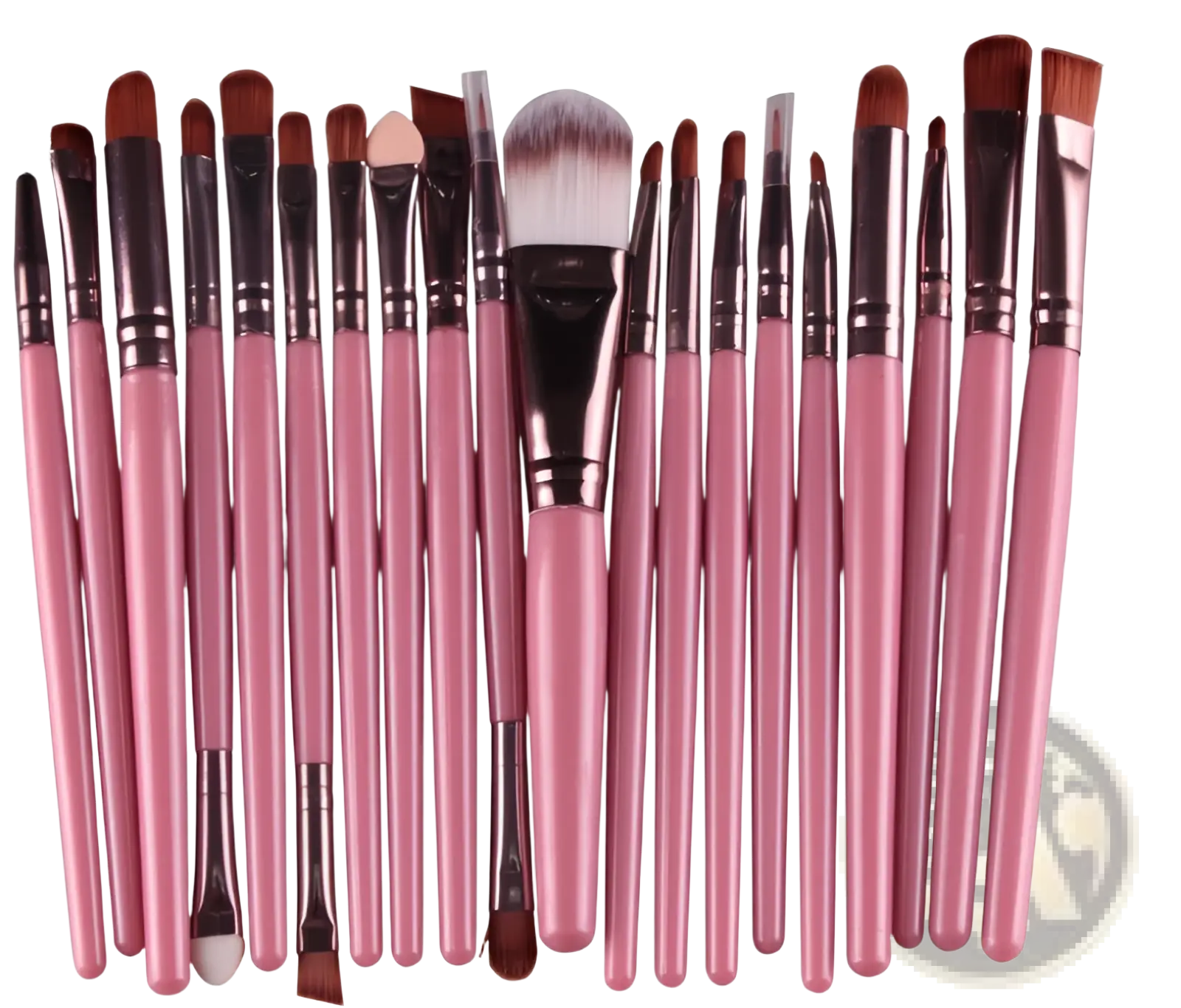 Set of 20 pink makeup brushes with black metal ferrules and assorted bristle types for professional cosmetic use