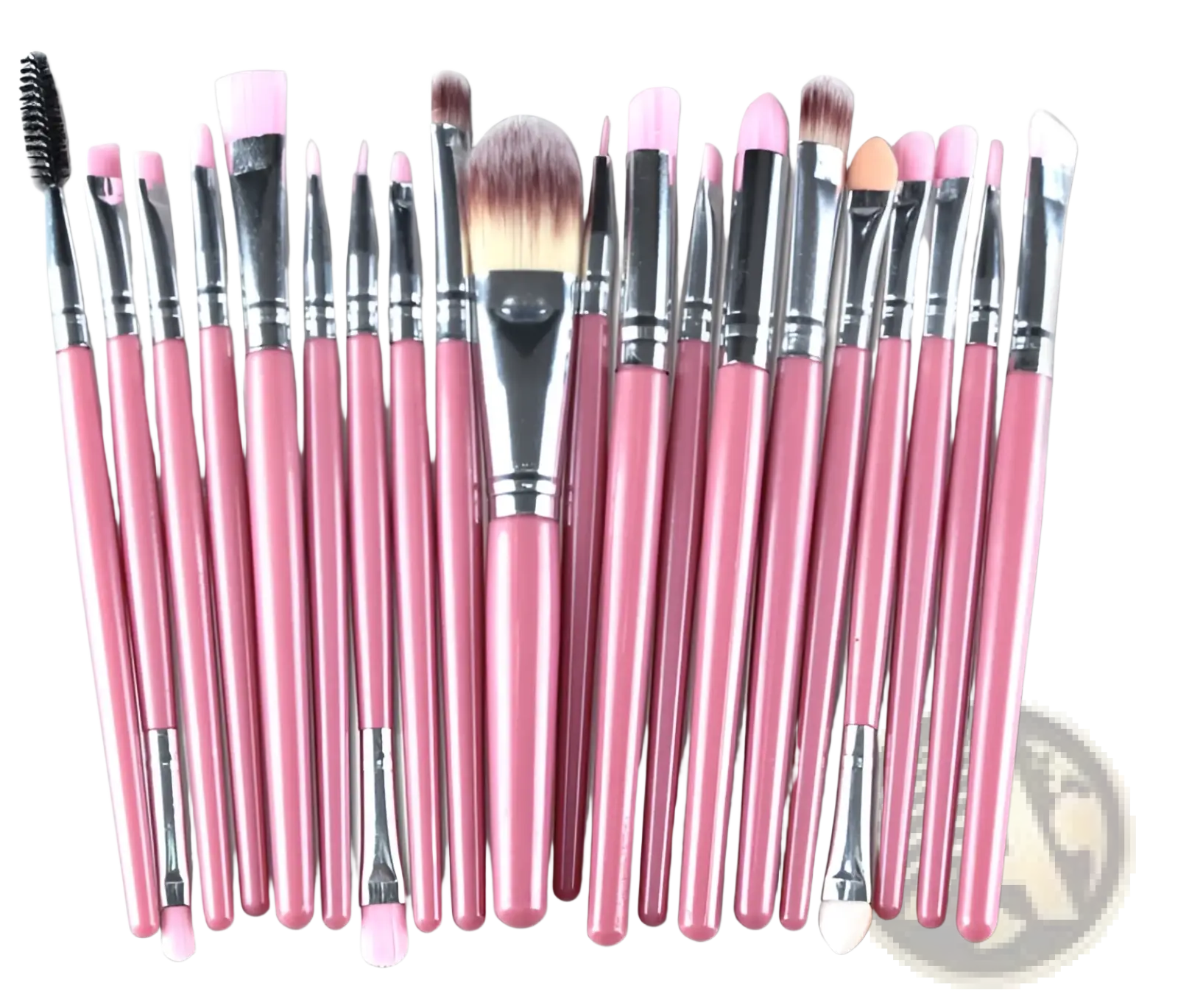 Set of 20 professional makeup brushes with pink handles, silver ferrules, and assorted bristle types for cosmetic use