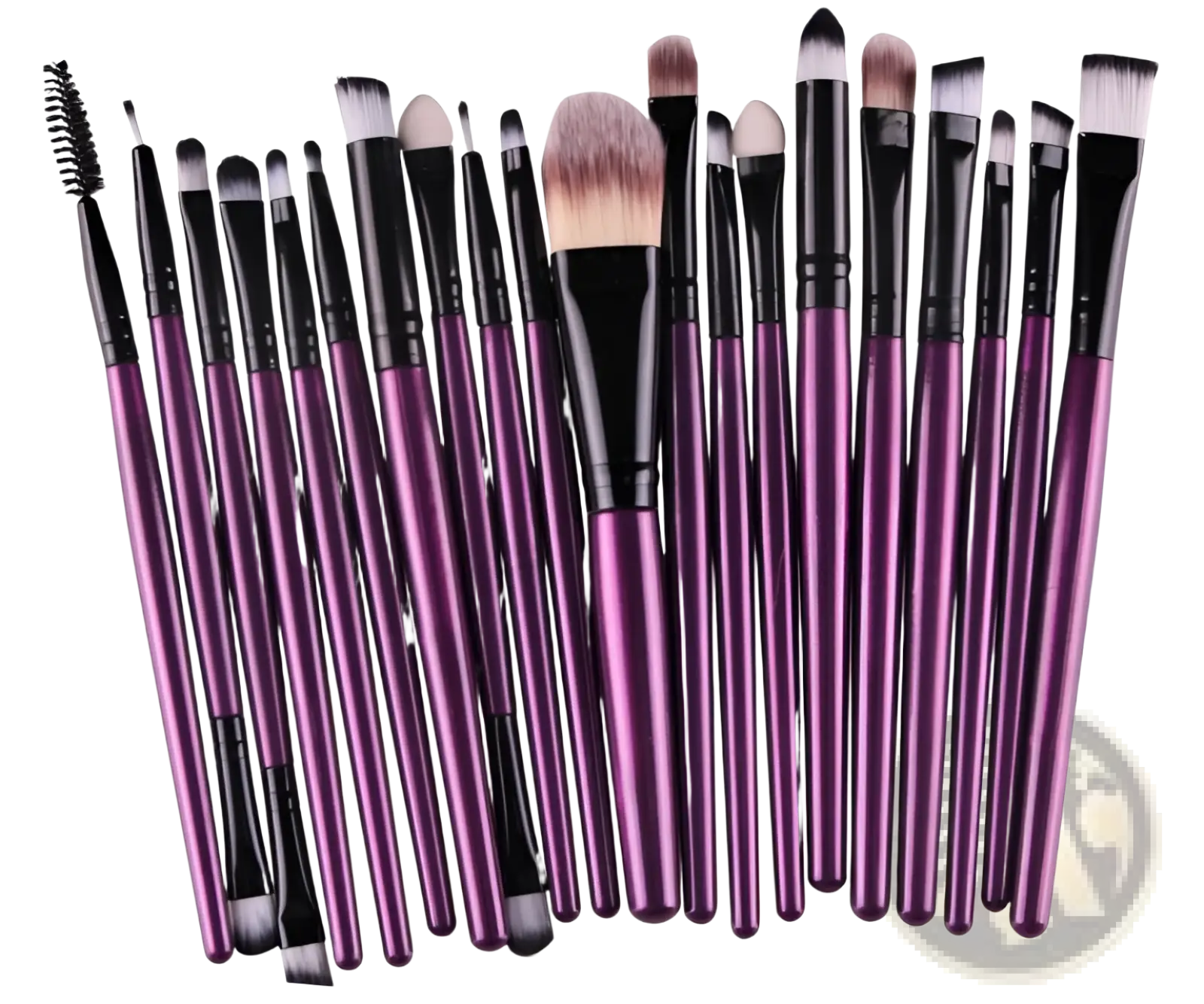 Set of 20 professional purple and black makeup brushes with various brush heads for diverse cosmetic applications