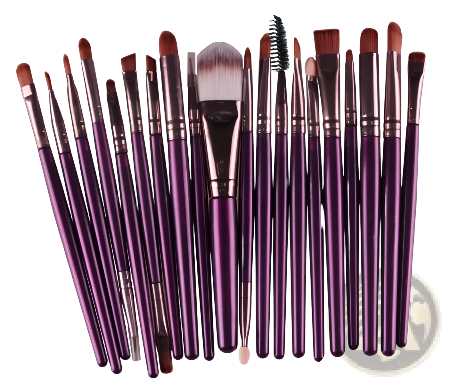 A set of 18 purple metallic professional makeup brushes with varying sizes including a large fluffy foundation brush