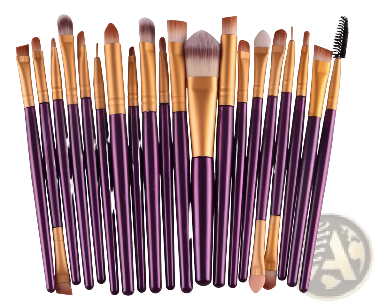 Professional makeup brush set 20pc in purple and gold with various sizes and shapes for diverse cosmetic applications