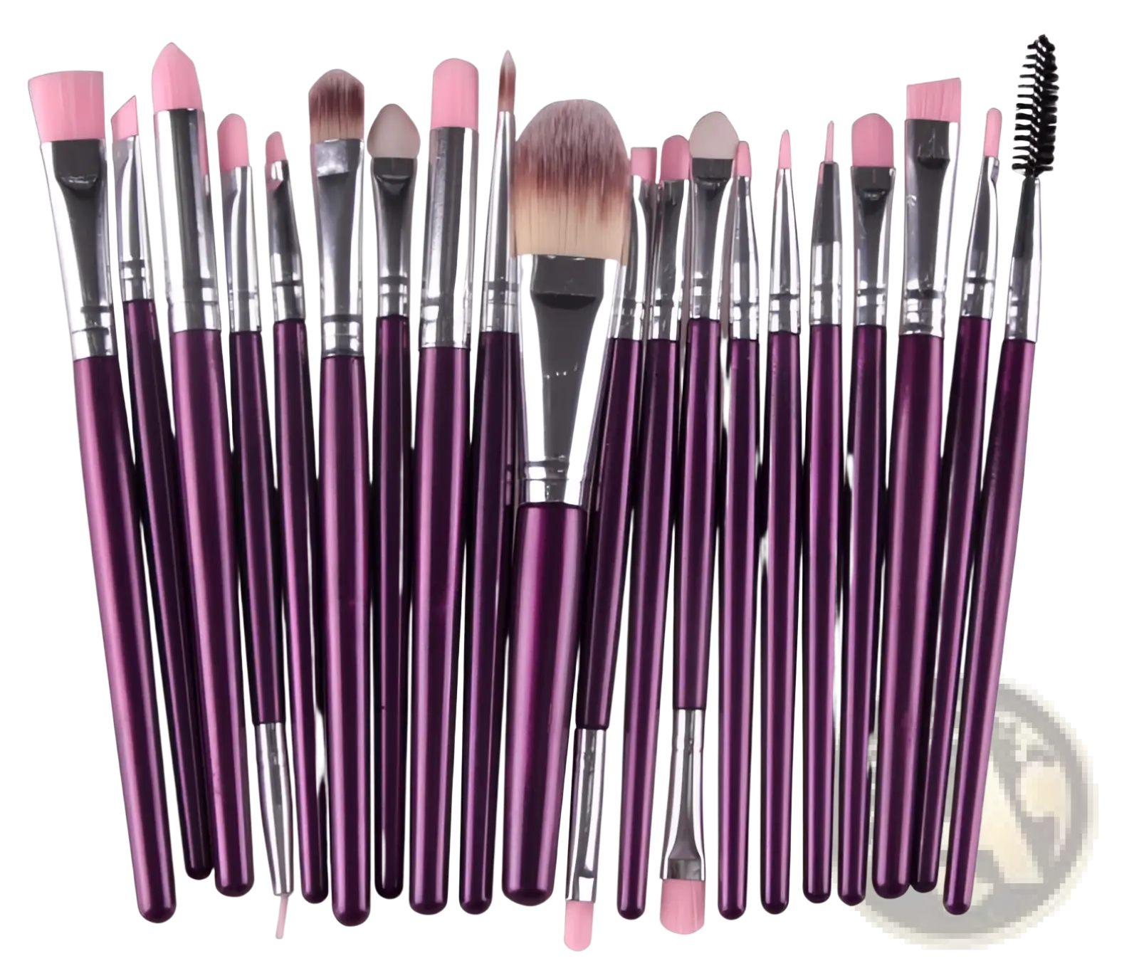 Set of 20 professional cosmetic makeup brushes with purple handles, pink tips, and silver ferrules for precise application