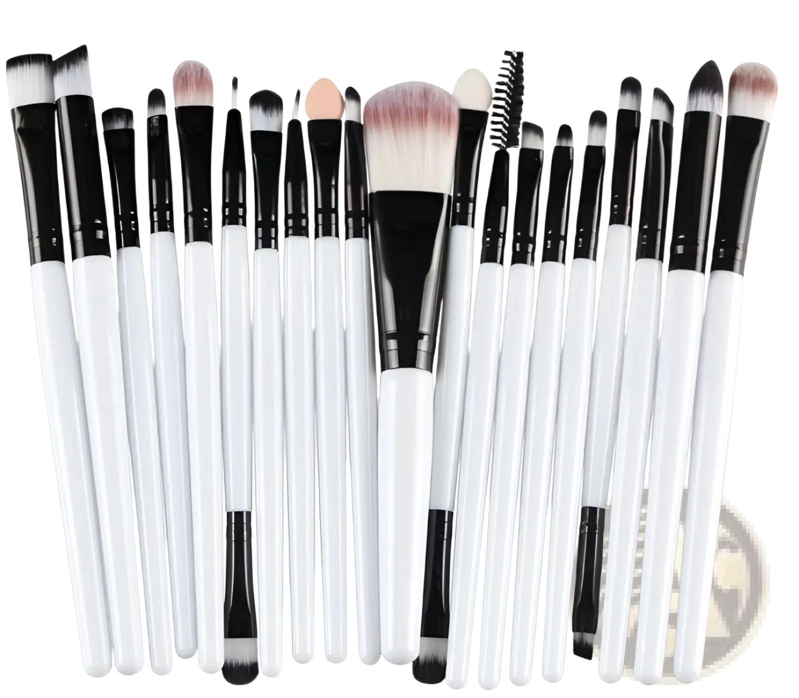Makeup brush set with 20 professional cosmetic brushes featuring white handles black accents and various brush heads