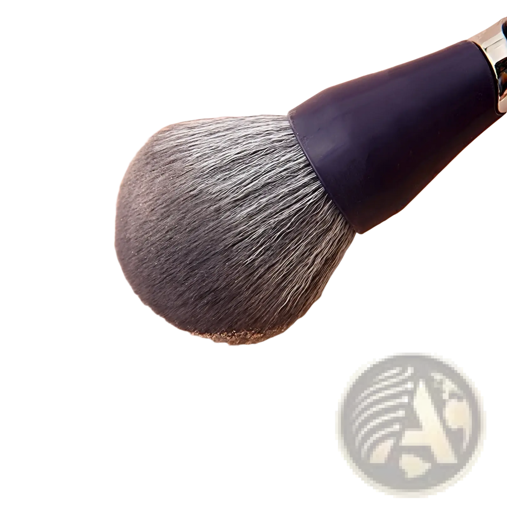 A sleek black-handled makeup brush with dense soft gray bristles for efficient face powder application