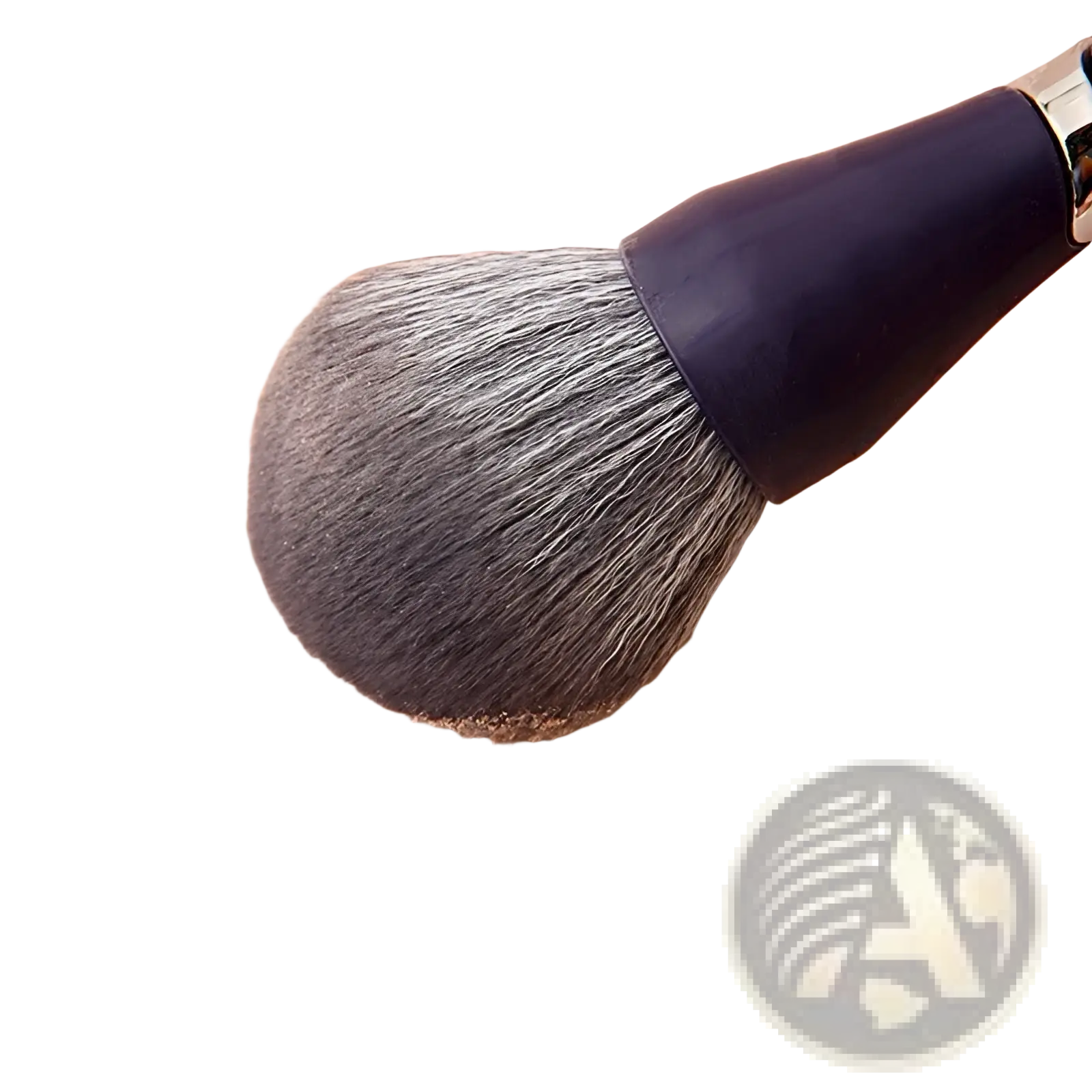 A sleek black-handled makeup brush with dense soft gray bristles for efficient face powder application
