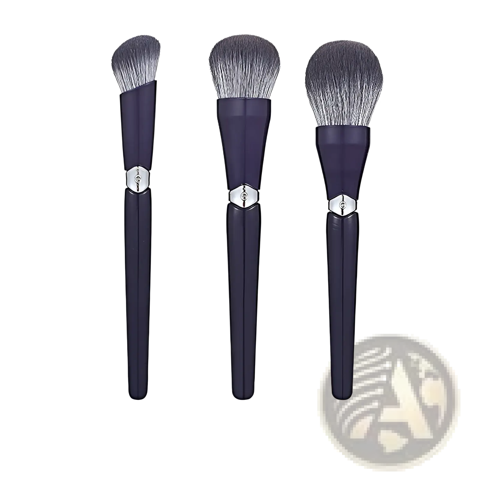 Set of three navy blue makeup brushes with silver accents and soft gradient gray bristles for face powder application