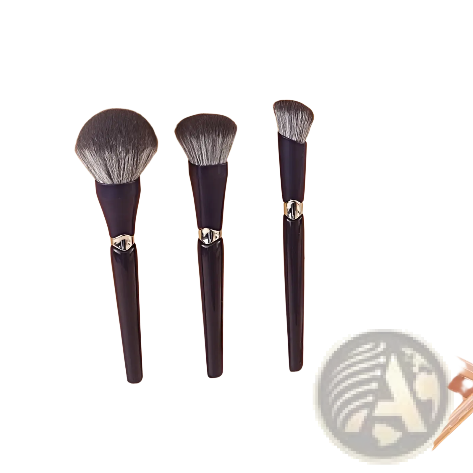 Set of three black-handled makeup brushes with silver accents and soft fluffy gray bristles for face powder application