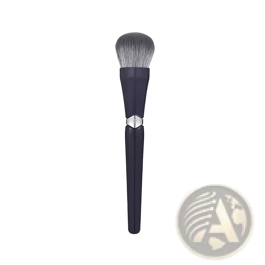 Navy blue makeup brush with soft hair, tapered handle, and silver metallic accent for face powder application