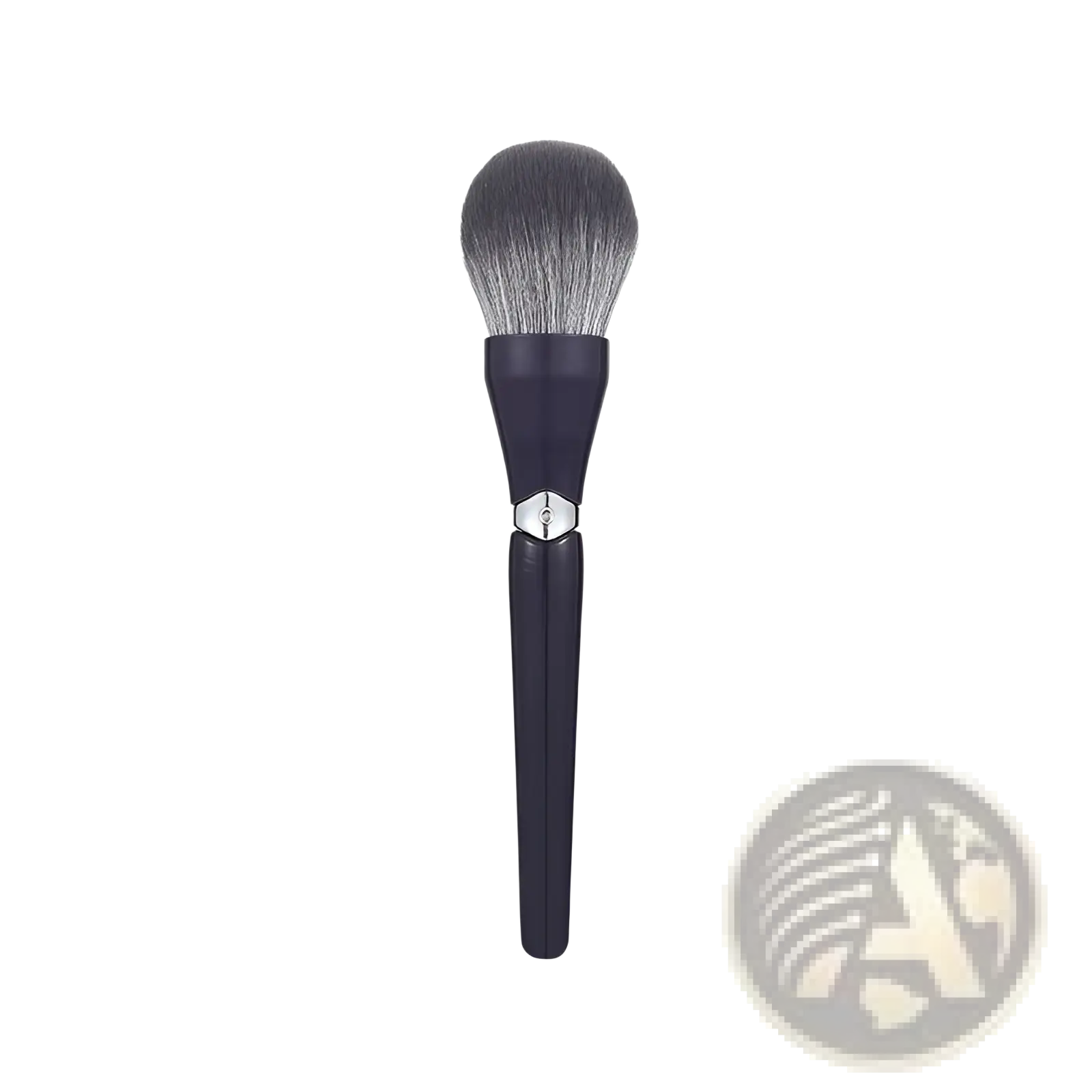 A sleek navy blue makeup brush with soft gradient gray bristles and silver accent for face powder application
