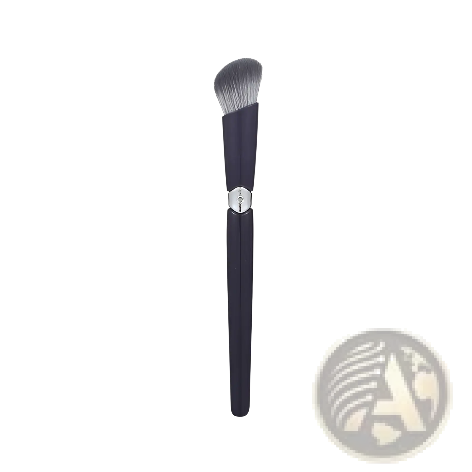 A sleek black makeup brush with silver accent band and soft dense bristles for face powder application