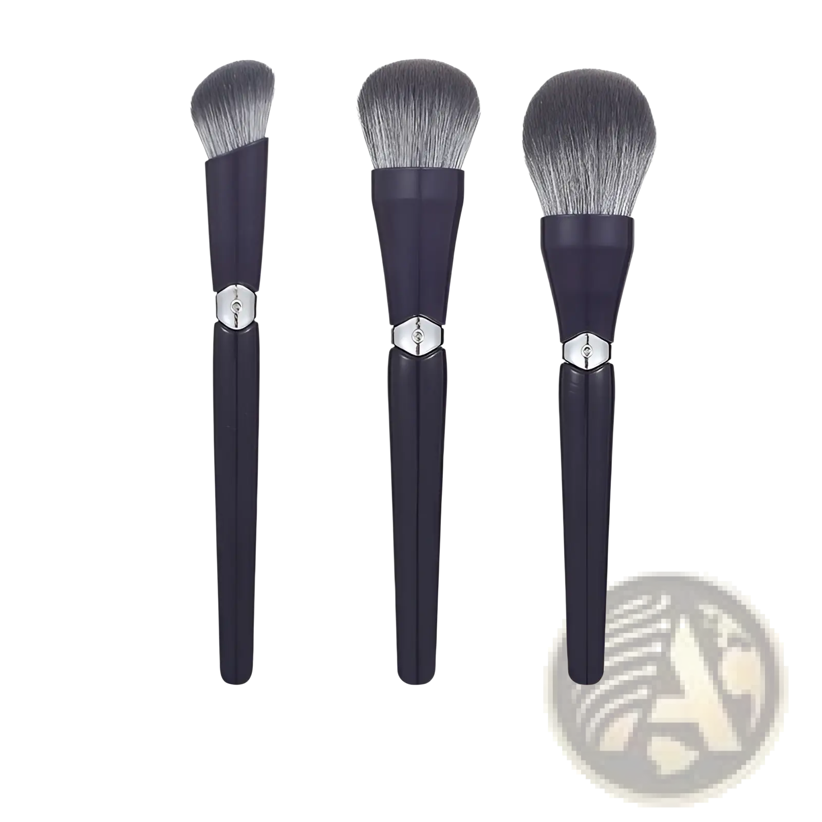Set of three black-handled makeup brushes with silver accents and soft gradient gray bristles for face powder