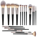 Set of 15 professional makeup brushes with black handles, rose gold ferrules, and soft synthetic bristles for beauty use
