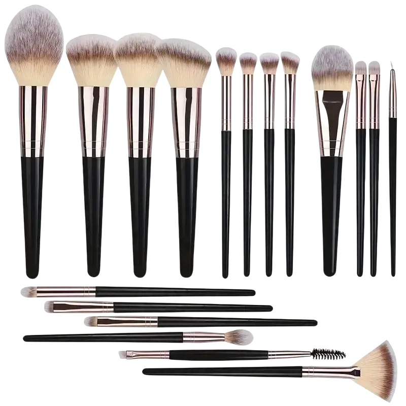 Set of 15 professional makeup brushes with black handles, rose gold ferrules, and soft synthetic bristles for beauty use
