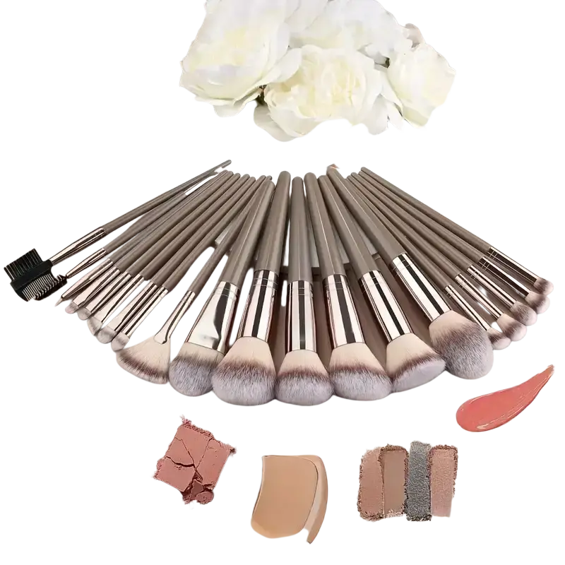 Set of 25 professional makeup brushes with sleek silver and taupe handles and soft synthetic bristles for precise application
